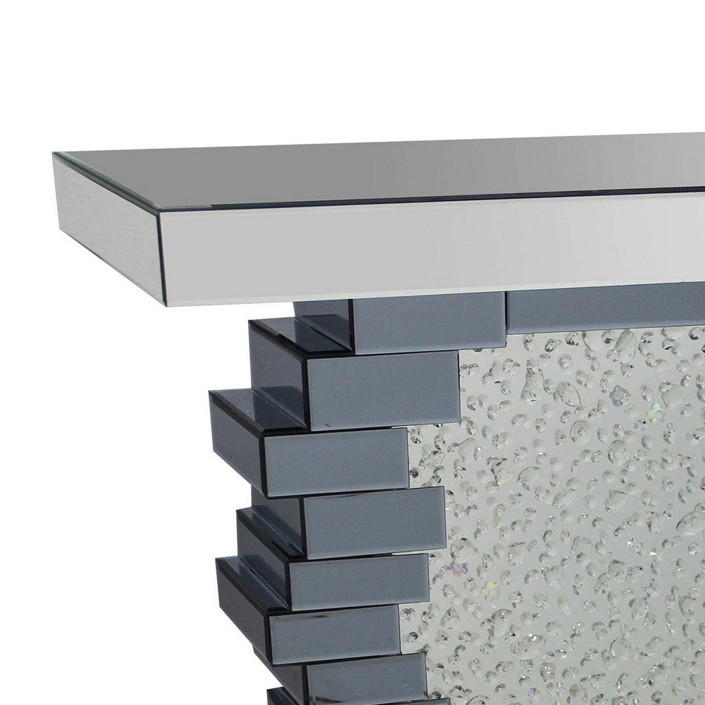 Wood and Mirror Console Table with Studded Faux Crystals, Black and Clear - AMF-90232