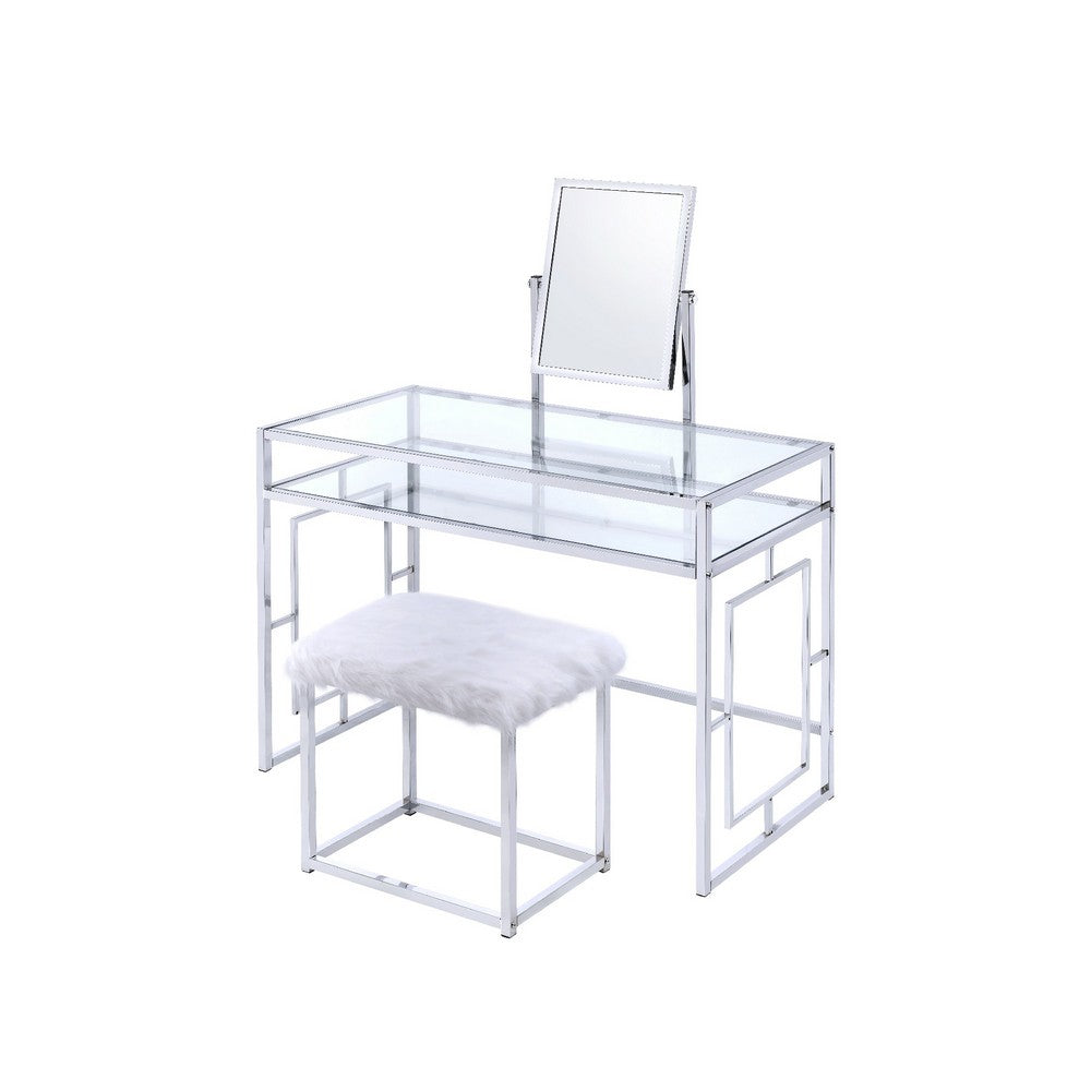 Glass and Metal Vanity Set With Faux Fur Stool, White and Silver - AMF-90314