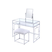 Glass and Metal Vanity Set With Faux Fur Stool, White and Silver - AMF-90314