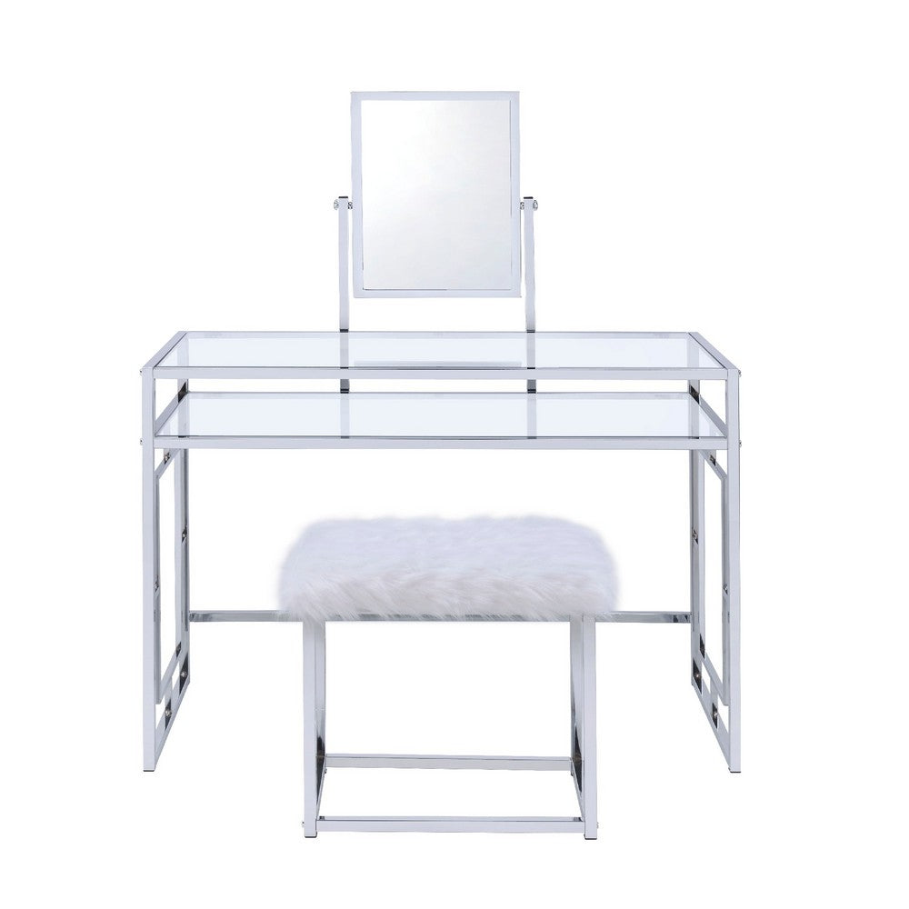 Glass and Metal Vanity Set With Faux Fur Stool, White and Silver - AMF-90314