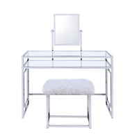 Glass and Metal Vanity Set With Faux Fur Stool, White and Silver - AMF-90314