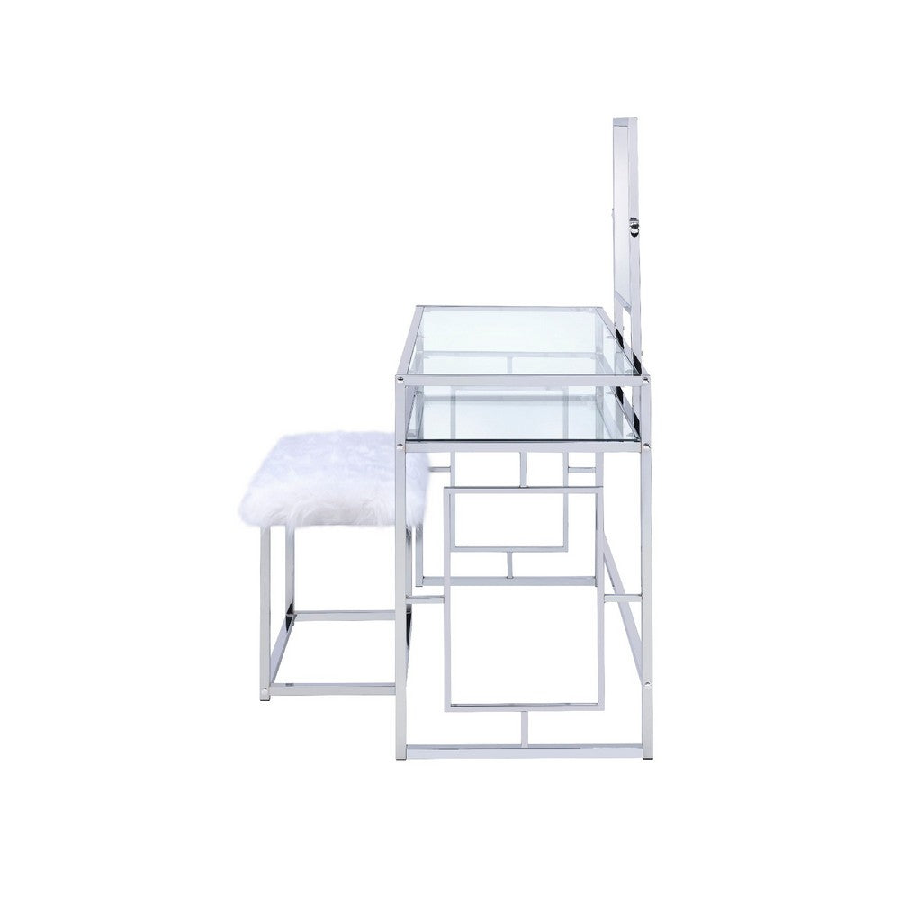 Glass and Metal Vanity Set With Faux Fur Stool, White and Silver - AMF-90314