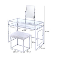 Glass and Metal Vanity Set With Faux Fur Stool, White and Silver - AMF-90314