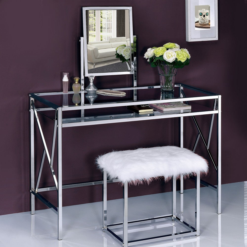 Glass and Metal Vanity Set With Faux Fur Stool, White and Silver - AMF-90314