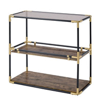 Rechange Glass Top Console Table Metal Tubular Framing and Wooden Shelves, Black and Brown - AMF-90319