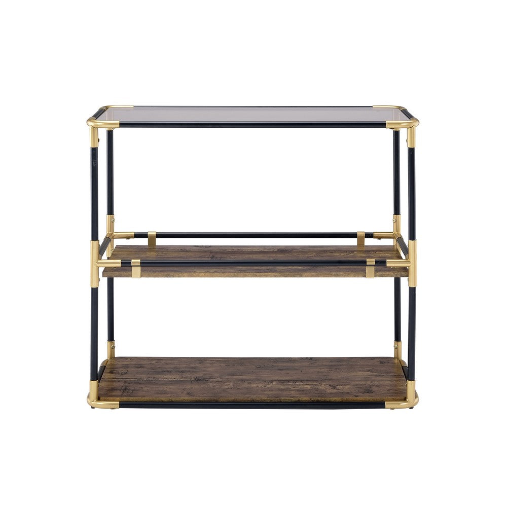 Rechange Glass Top Console Table Metal Tubular Framing and Wooden Shelves, Black and Brown - AMF-90319
