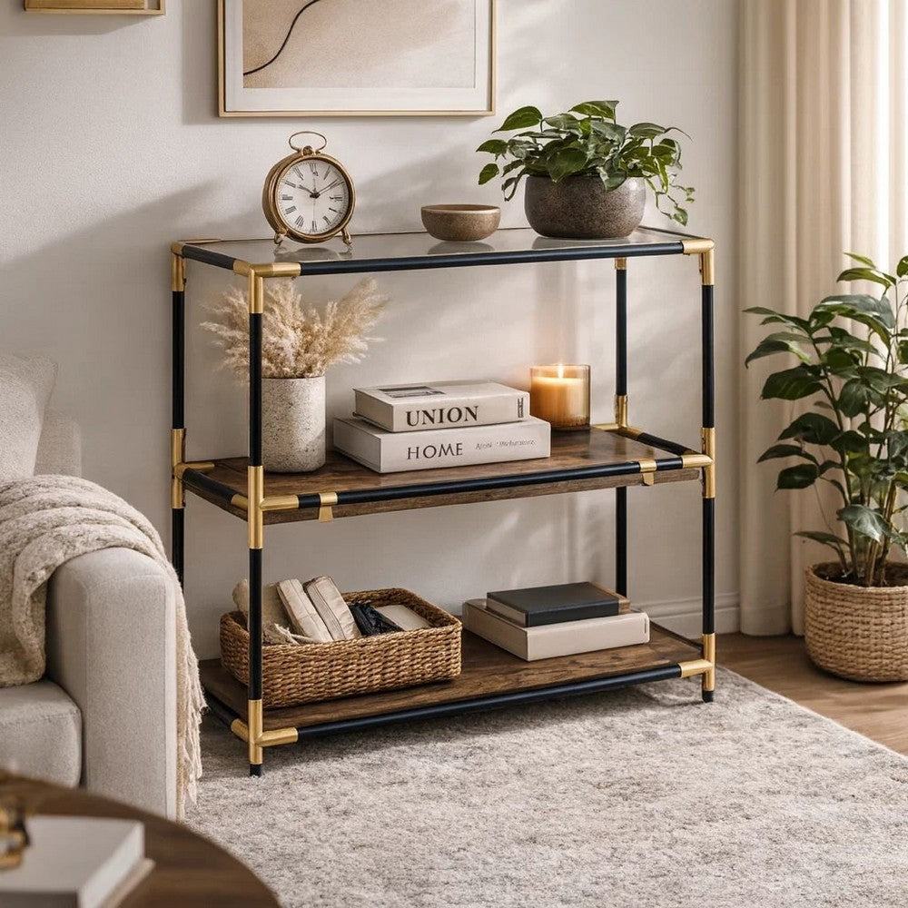 Rechange Glass Top Console Table Metal Tubular Framing and Wooden Shelves, Black and Brown - AMF-90319