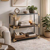 Rechange Glass Top Console Table Metal Tubular Framing and Wooden Shelves, Black and Brown - AMF-90319