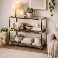 Rechange Glass Top Console Table Metal Tubular Framing and Wooden Shelves, Black and Brown - AMF-90319