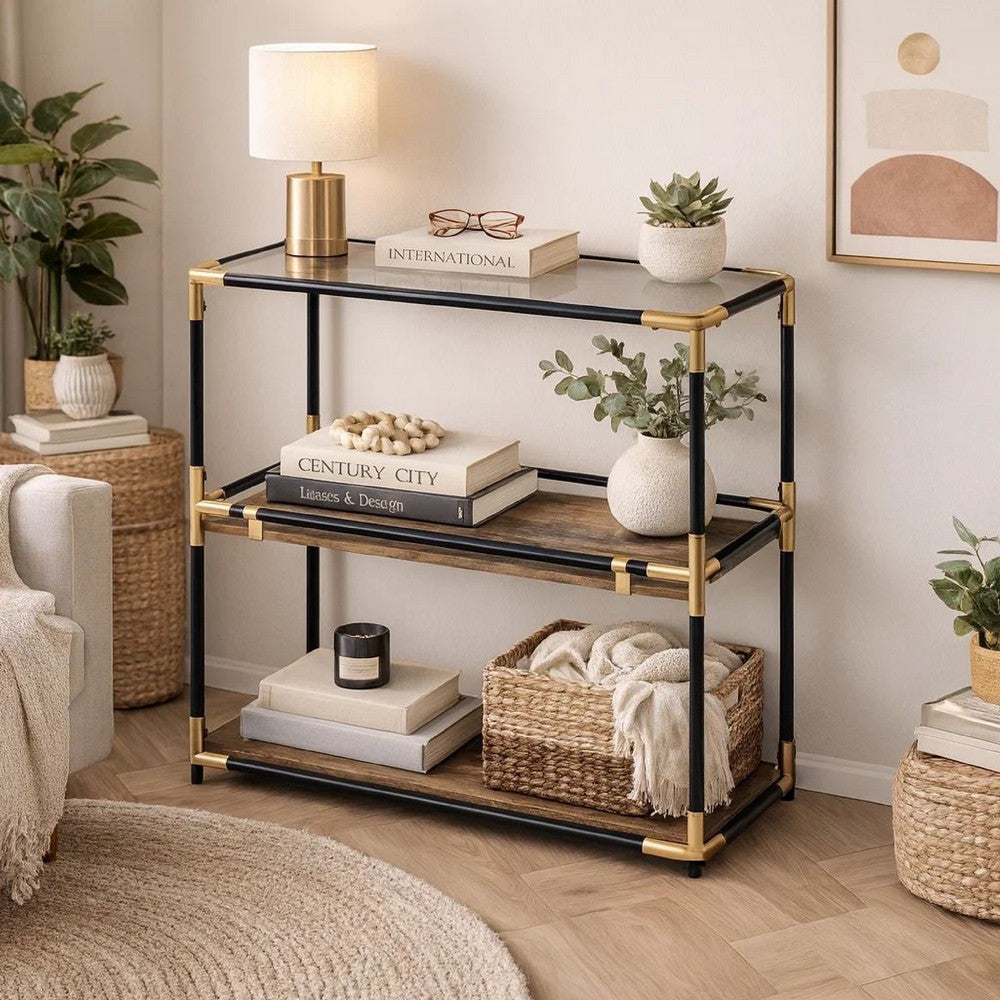 Rechange Glass Top Console Table Metal Tubular Framing and Wooden Shelves, Black and Brown - AMF-90319