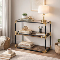 Rechange Glass Top Console Table Metal Tubular Framing and Wooden Shelves, Black and Brown - AMF-90319