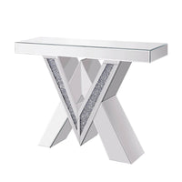 Wood and Mirror Console Table with Interlocking V Shape Base, Clear - AMF-90444