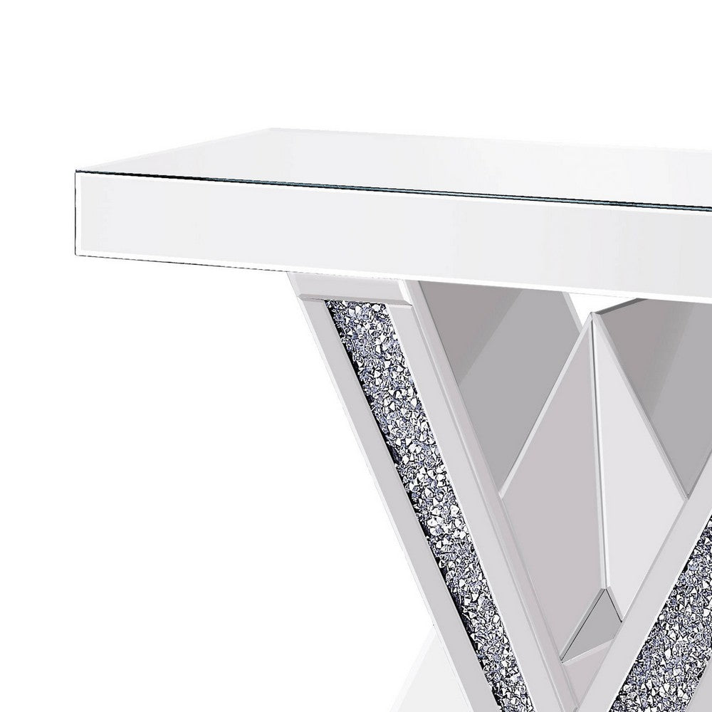 Wood and Mirror Console Table with Interlocking V Shape Base, Clear - AMF-90444