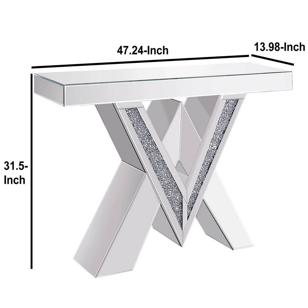 Wood and Mirror Console Table with Interlocking V Shape Base, Clear - AMF-90444