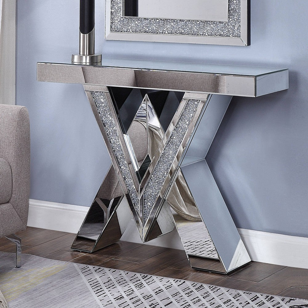 Wood and Mirror Console Table with Interlocking V Shape Base, Clear - AMF-90444