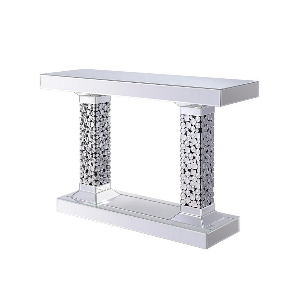 Wood and Mirror Console Table with Two Pedestal Base, Clear and Black - AMF-90446