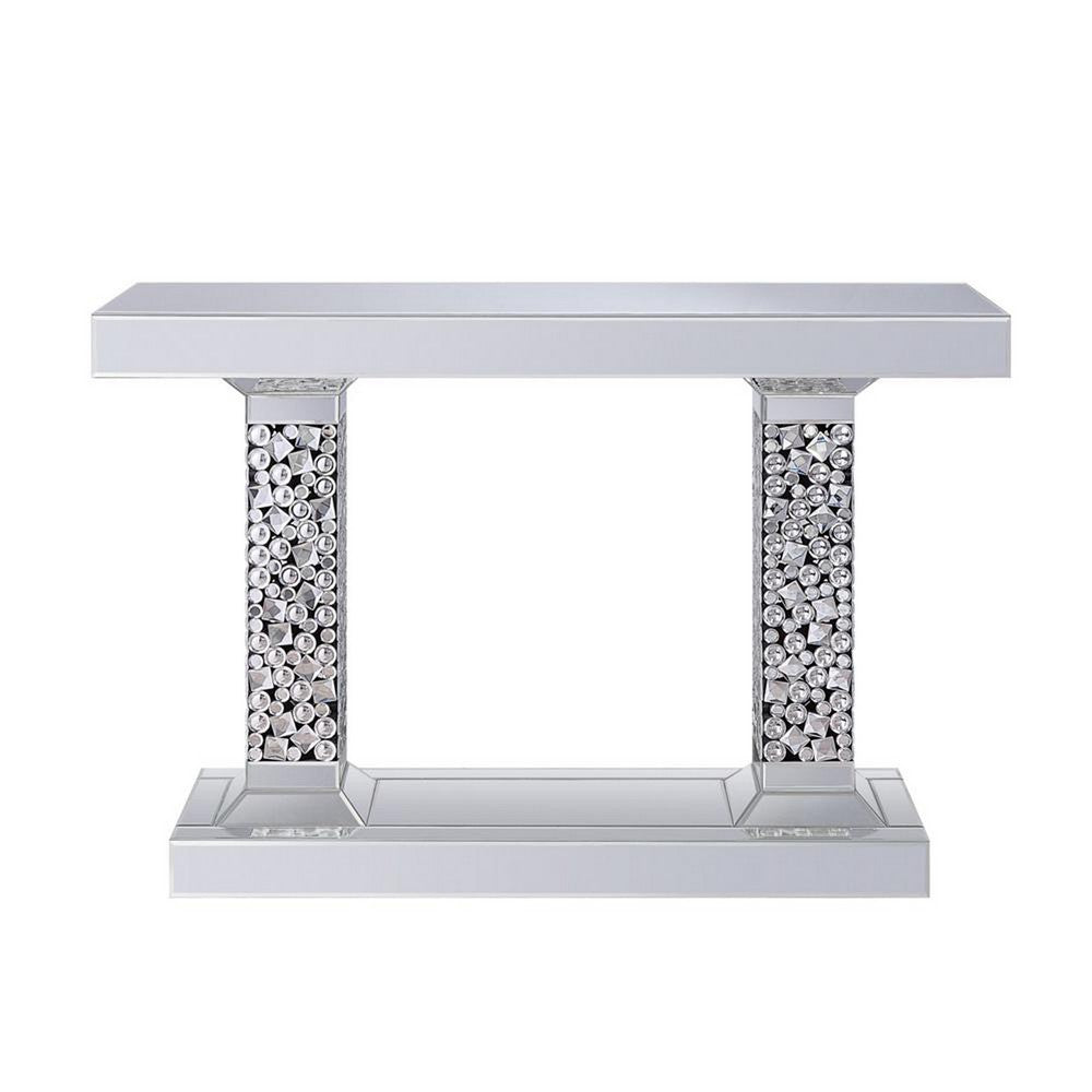 Wood and Mirror Console Table with Two Pedestal Base, Clear and Black - AMF-90446