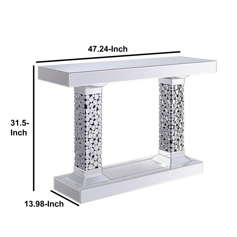 Wood and Mirror Console Table with Two Pedestal Base, Clear and Black - AMF-90446