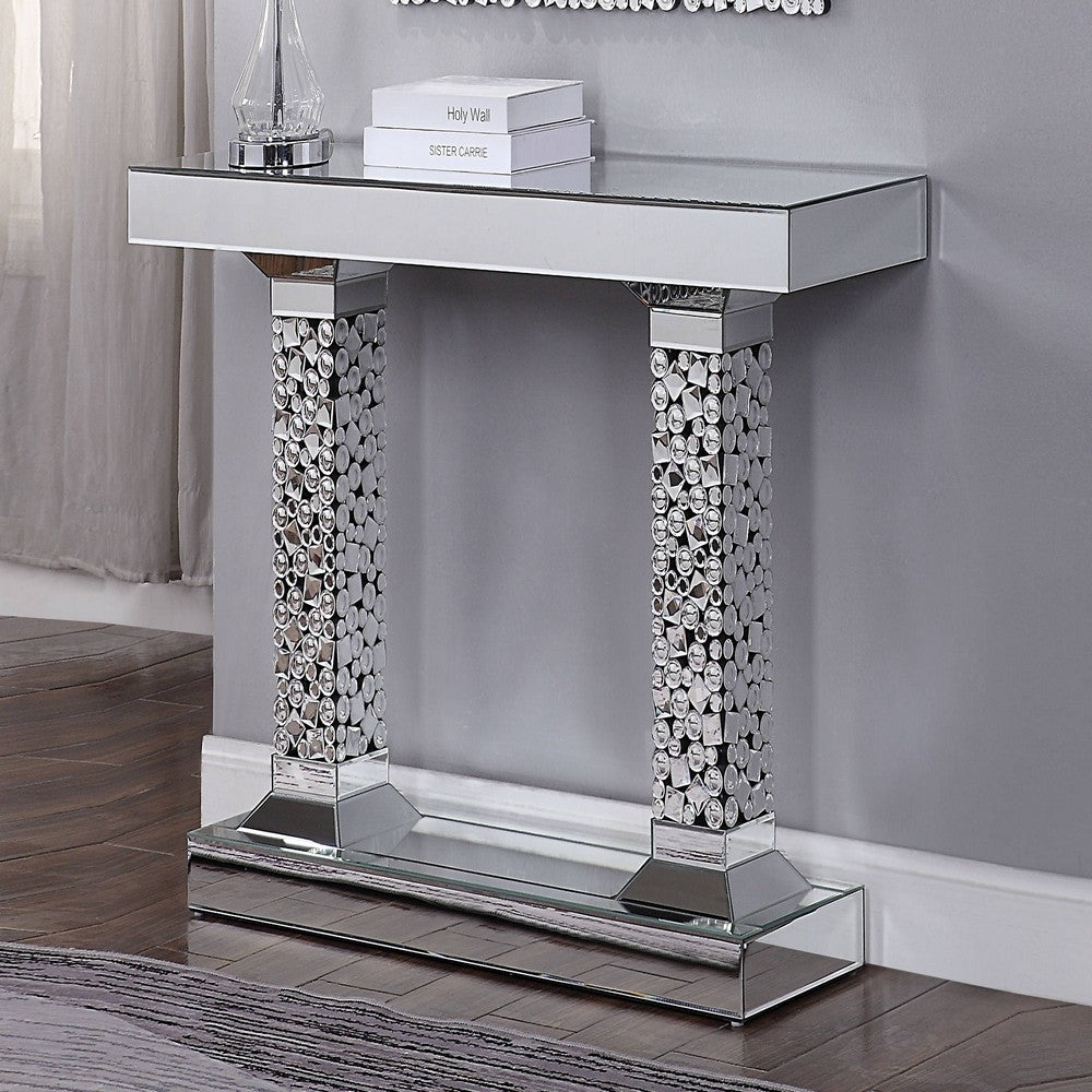 Wood and Mirror Console Table with Two Pedestal Base, Clear and Black - AMF-90446