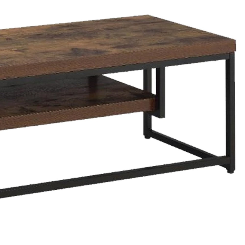 Wood And Metal TV Stand With One Shelf, Weathered Oak Brown And Black - AMF-91780