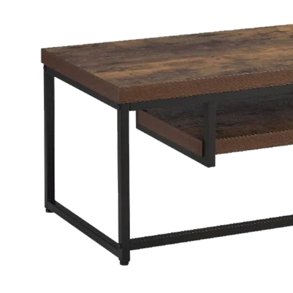 Wood And Metal TV Stand With One Shelf, Weathered Oak Brown And Black - AMF-91780