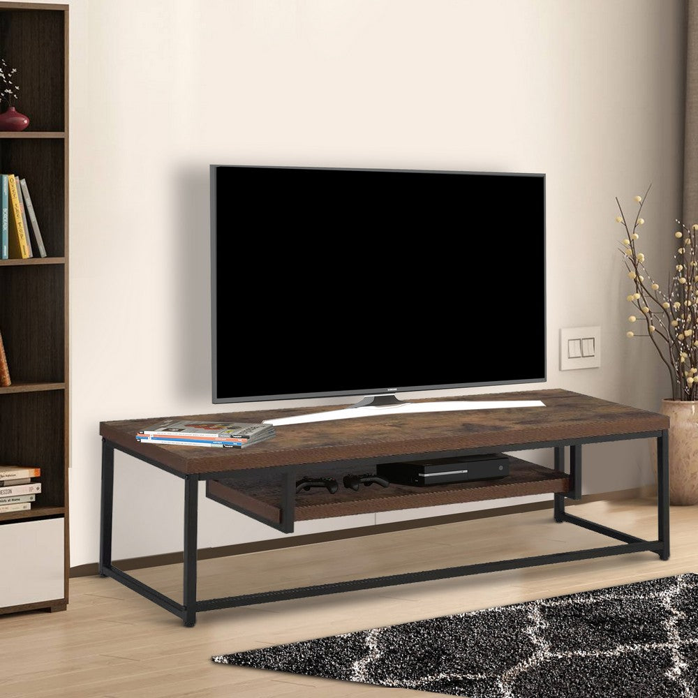 Wood And Metal TV Stand With One Shelf, Weathered Oak Brown And Black - AMF-91780