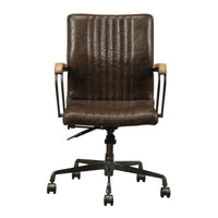 Leatherette Upholstered Metal Swivel Executive Chair with Curved Wooden Armrest, Brown and Black - AMF-92028
