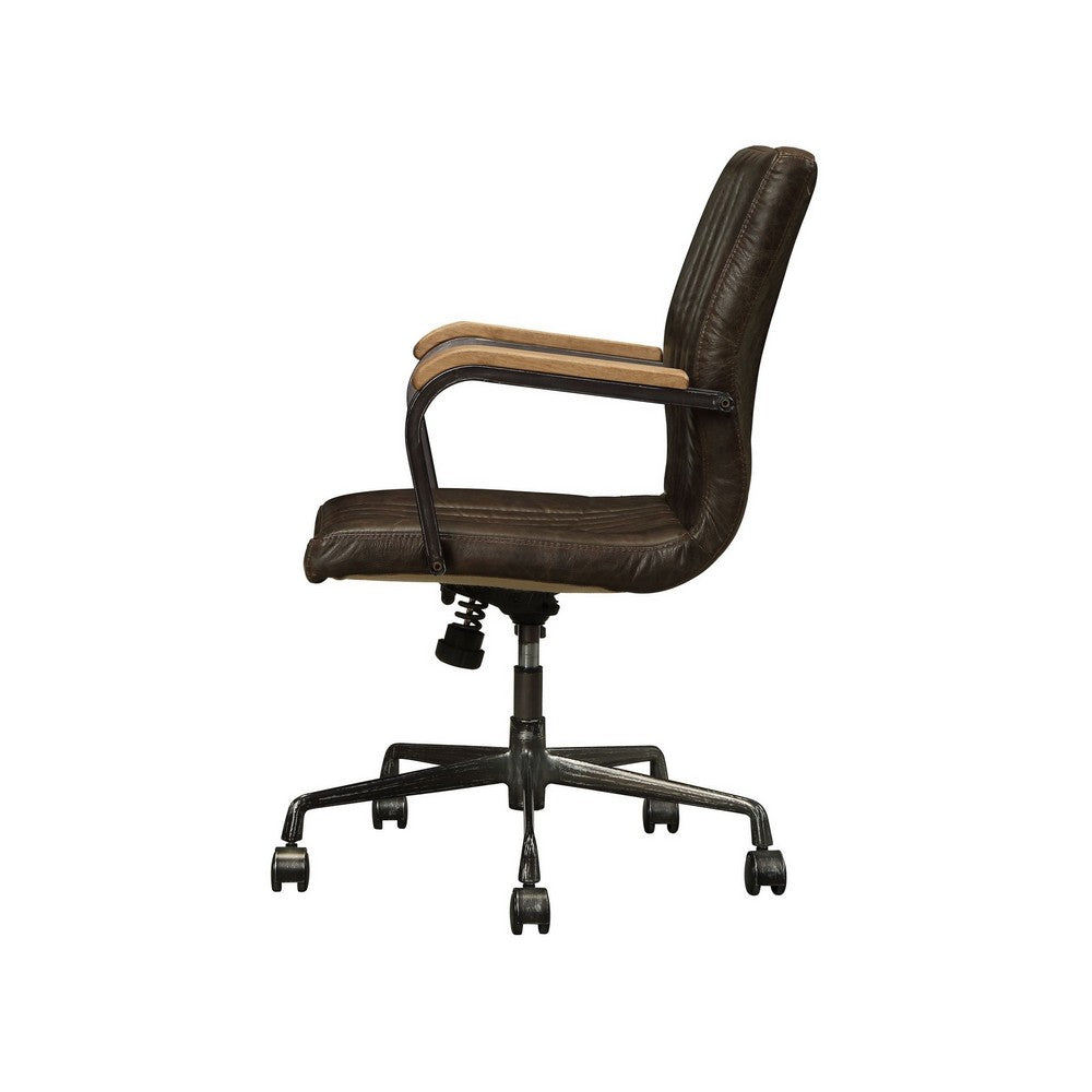 Leatherette Upholstered Metal Swivel Executive Chair with Curved Wooden Armrest, Brown and Black - AMF-92028