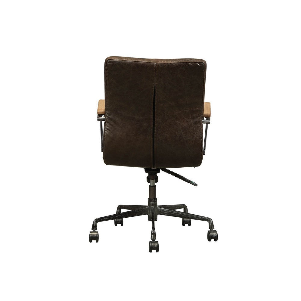 Leatherette Upholstered Metal Swivel Executive Chair with Curved Wooden Armrest, Brown and Black - AMF-92028