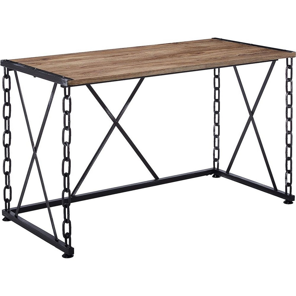 Wooden Desk With Metal 'X' Frame, Rustic Oak Brown - AMF-92248
