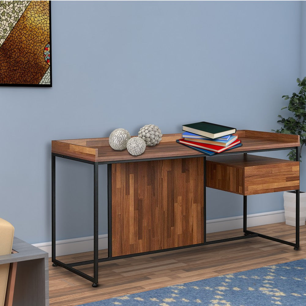 Wooden Top Desk With Rectangular  Metal  frame,  Walnut Brown & Sandy Black - AMF-92445