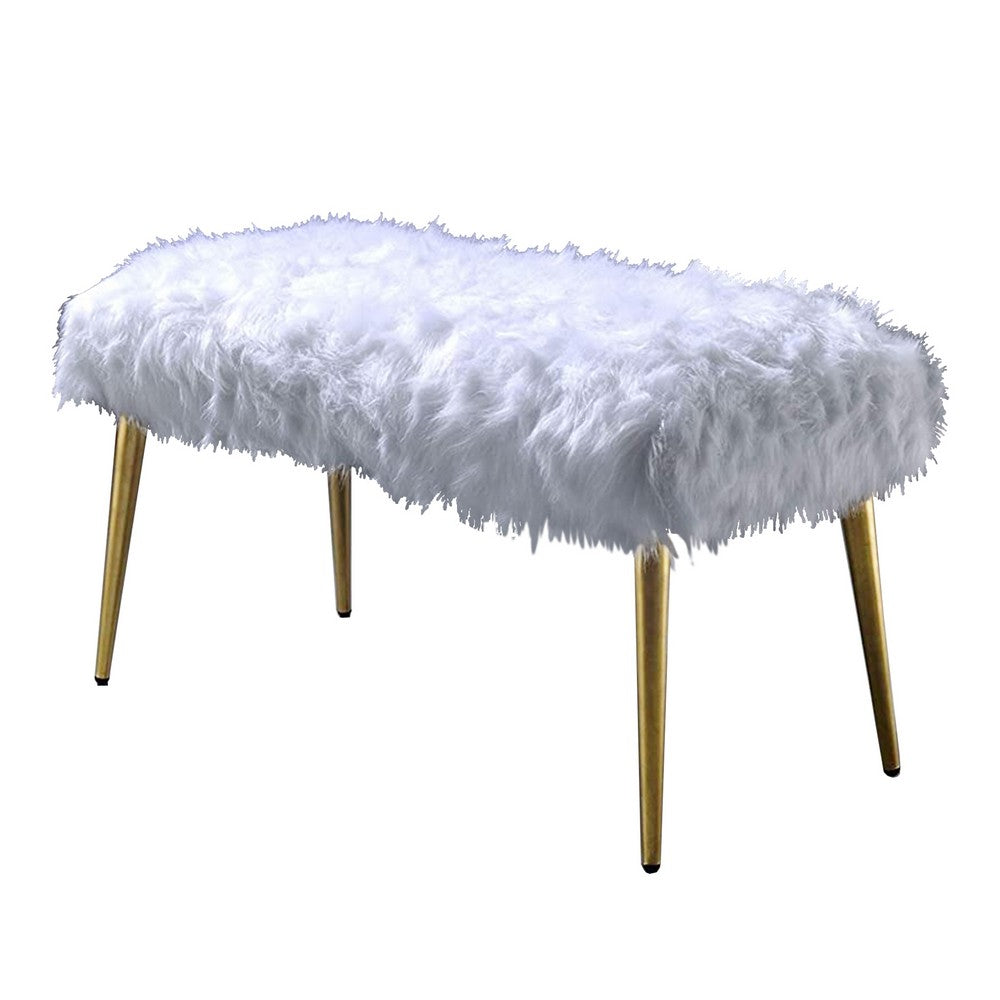 Modern Style Faux Fur Upholstered Metal Bench with Tapered Legs, White and Gold - AMF-96450