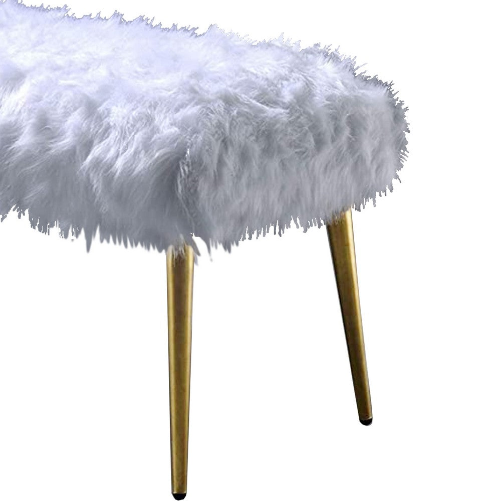 Modern Style Faux Fur Upholstered Metal Bench with Tapered Legs, White and Gold - AMF-96450
