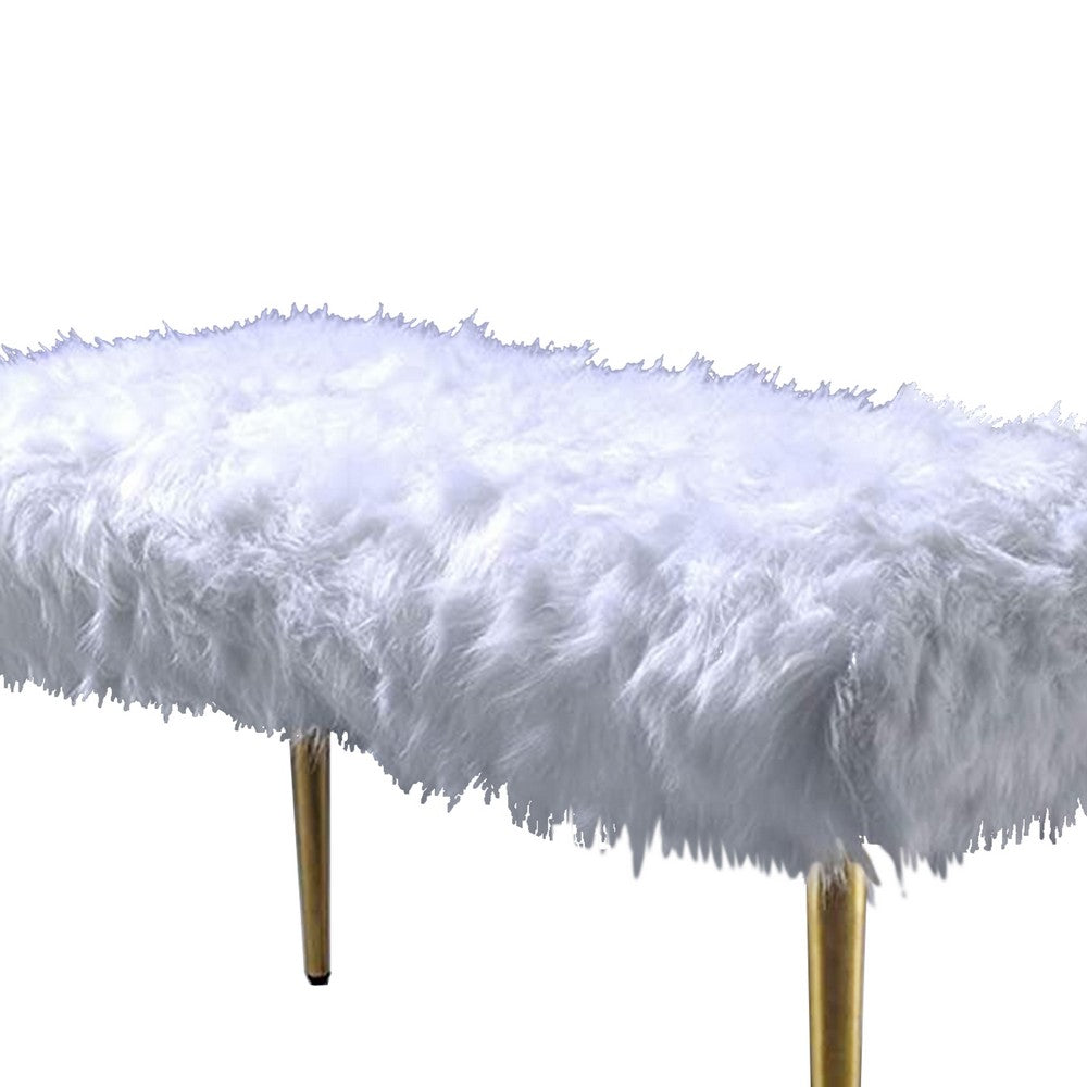 Modern Style Faux Fur Upholstered Metal Bench with Tapered Legs, White and Gold - AMF-96450
