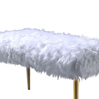 Modern Style Faux Fur Upholstered Metal Bench with Tapered Legs, White and Gold - AMF-96450