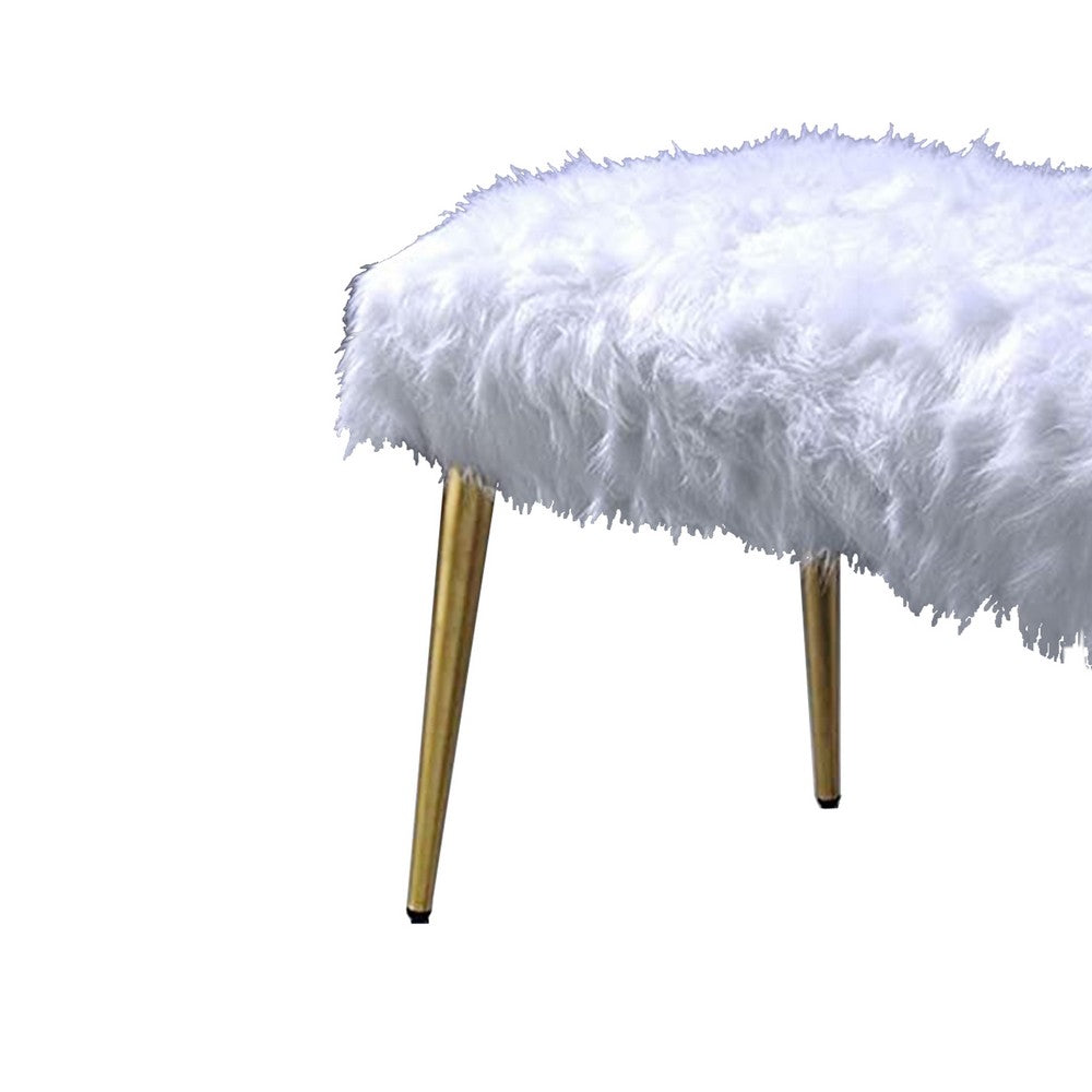 Modern Style Faux Fur Upholstered Metal Bench with Tapered Legs, White and Gold - AMF-96450