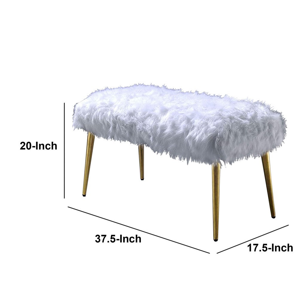 Modern Style Faux Fur Upholstered Metal Bench with Tapered Legs, White and Gold - AMF-96450