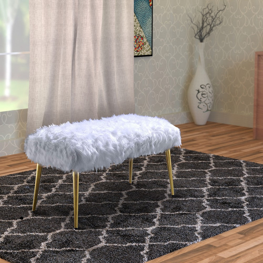 Modern Style Faux Fur Upholstered Metal Bench with Tapered Legs, White and Gold - AMF-96450