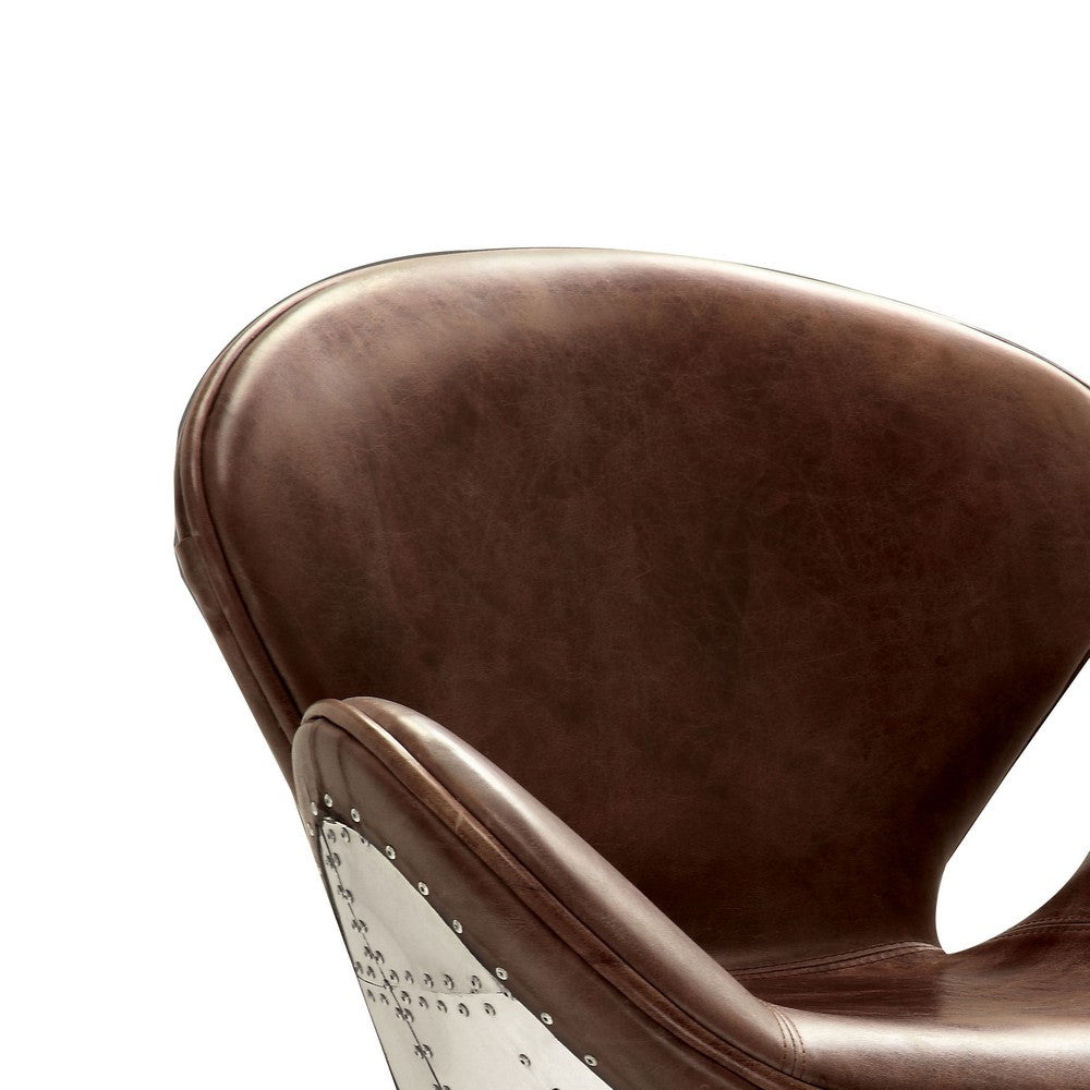 Top Grain Leather Accent Chair with Swivel, Brown & Silver - AMF-96553
