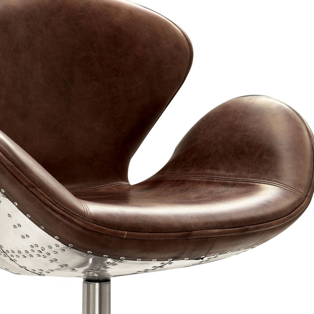 Top Grain Leather Accent Chair with Swivel, Brown & Silver - AMF-96553