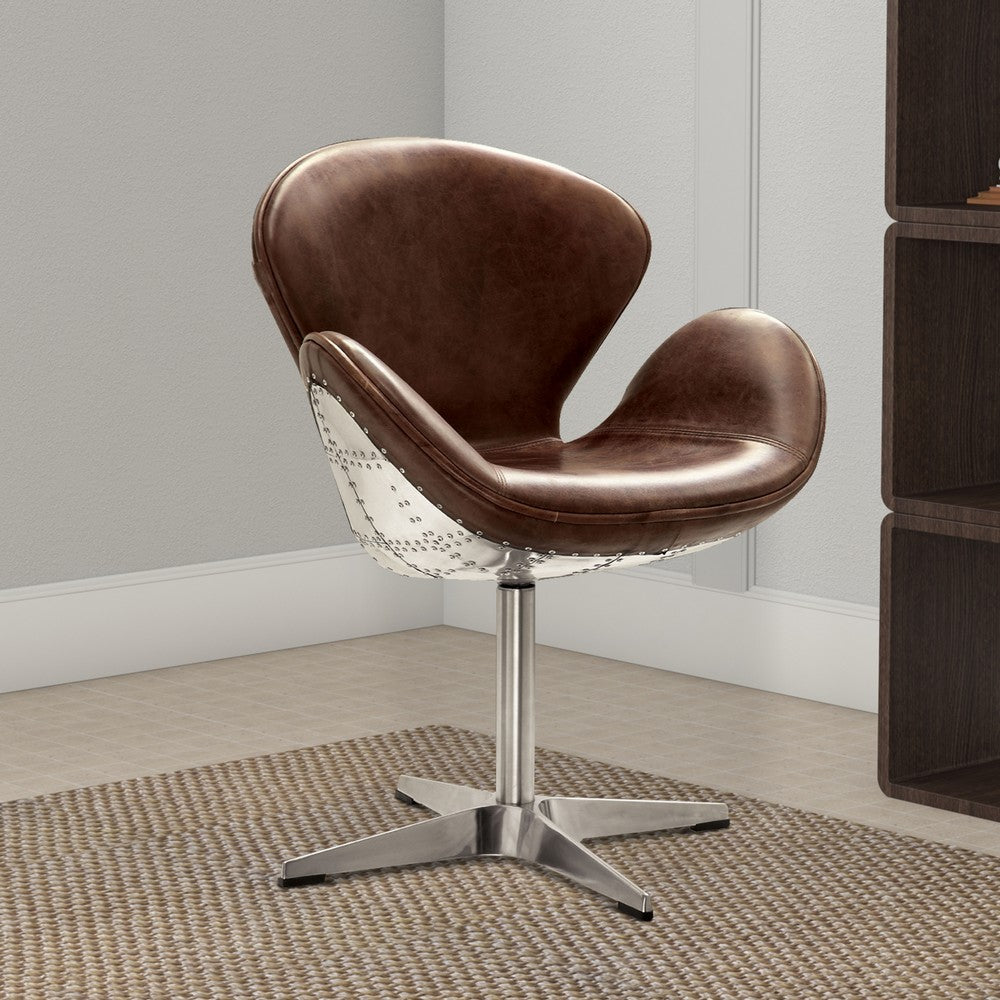 Top Grain Leather Accent Chair with Swivel, Brown & Silver - AMF-96553