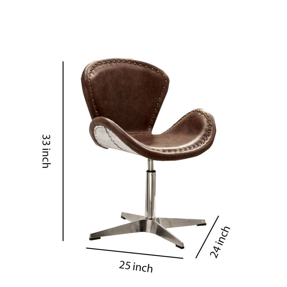 Retro Top Grain Leather Accent Chair with Swivel, Brown & Silver - AMF-96554