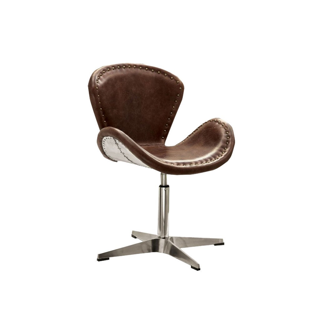 Retro Top Grain Leather Accent Chair with Swivel, Brown & Silver - AMF-96554
