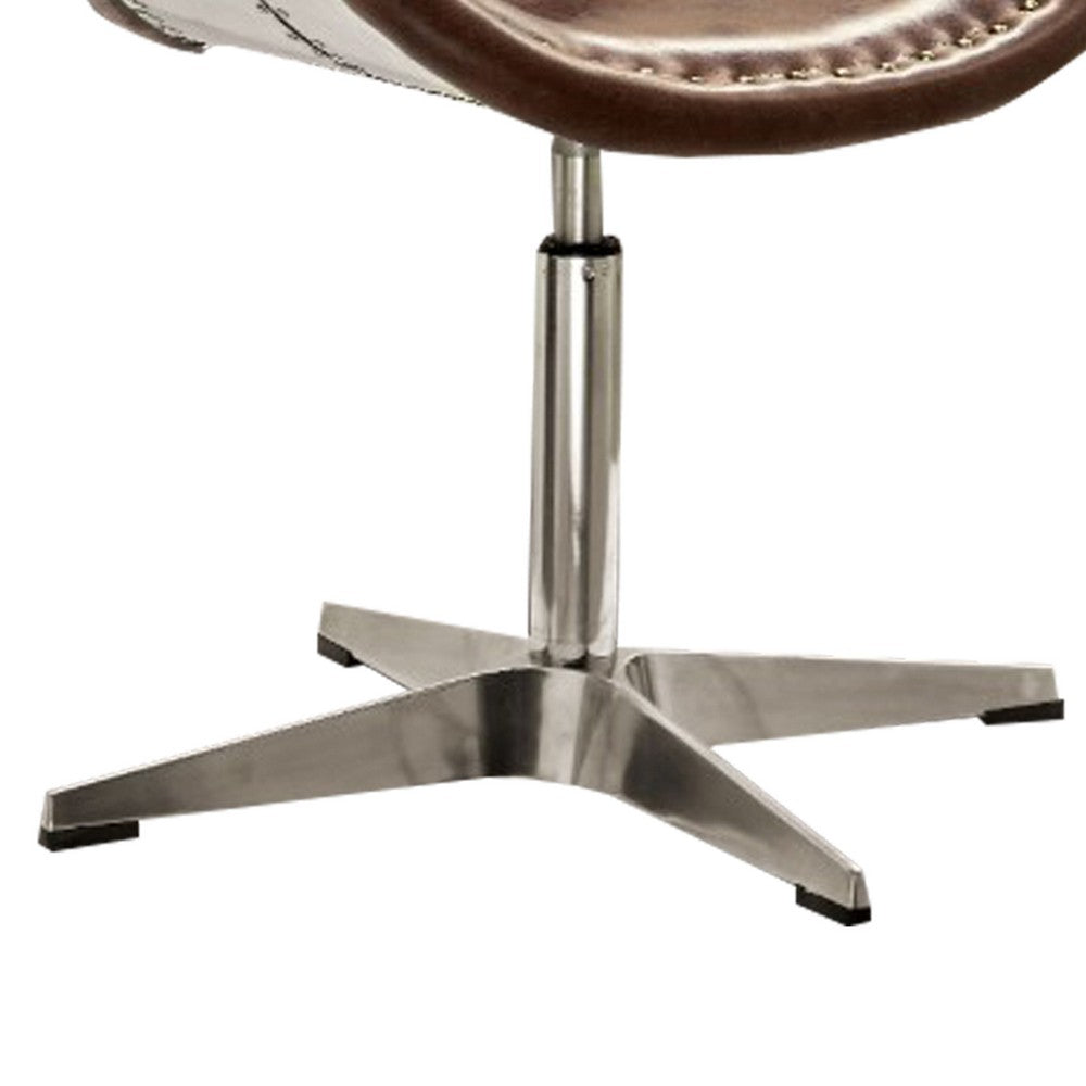 Retro Top Grain Leather Accent Chair with Swivel, Brown & Silver - AMF-96554