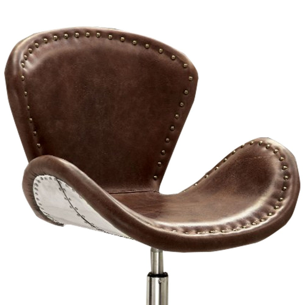 Retro Top Grain Leather Accent Chair with Swivel, Brown & Silver - AMF-96554
