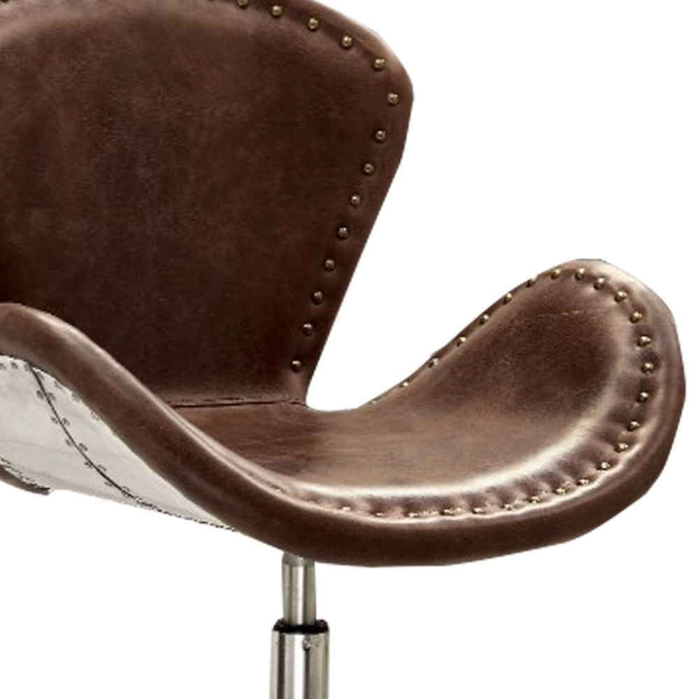 Retro Top Grain Leather Accent Chair with Swivel, Brown & Silver - AMF-96554