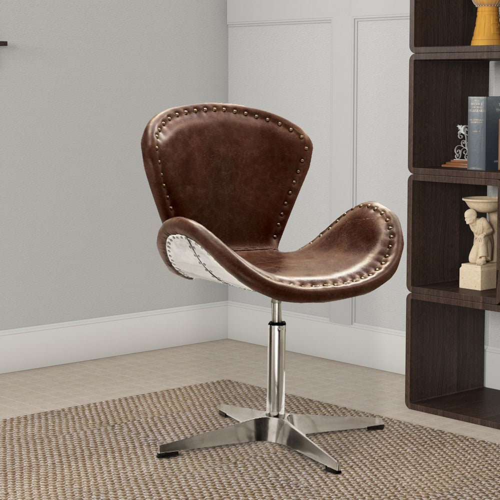 Retro Top Grain Leather Accent Chair with Swivel, Brown & Silver - AMF-96554