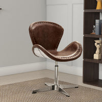 Retro Top Grain Leather Accent Chair with Swivel, Brown & Silver - AMF-96554