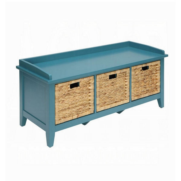 Rectangular Wooden Storage Bench with Rattan Like Weaved 3 Drawers, Blue - BM163623