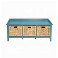 Rectangular Wooden Storage Bench with Rattan Like Weaved 3 Drawers, Blue - BM163623